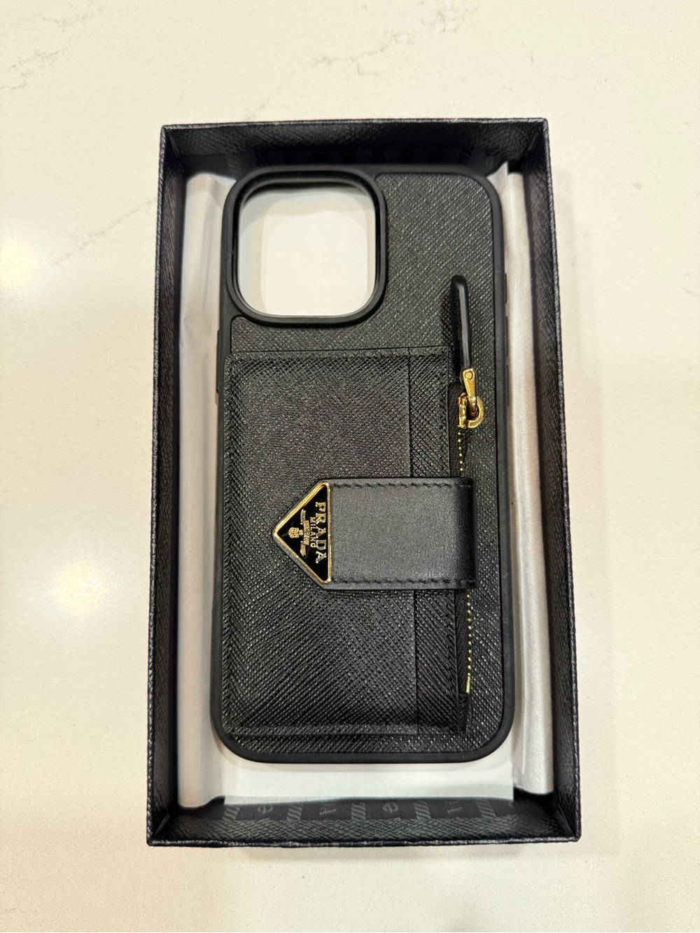 Prada Black Saffiano Leather Card Wallet Phone Case with Gold Hardware